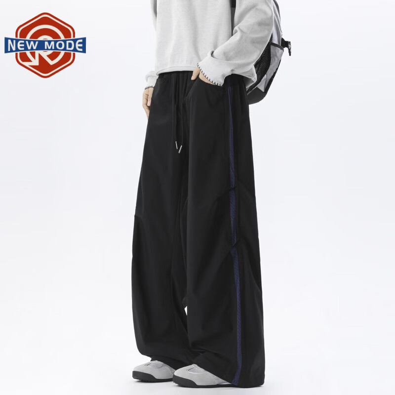 NEW OR MODE美式条纹网眼休闲裤男夏季宽松潮牌拼接设计冲锋机能透气直筒裤子 黑色【高品质】 M 【建议90-110斤】