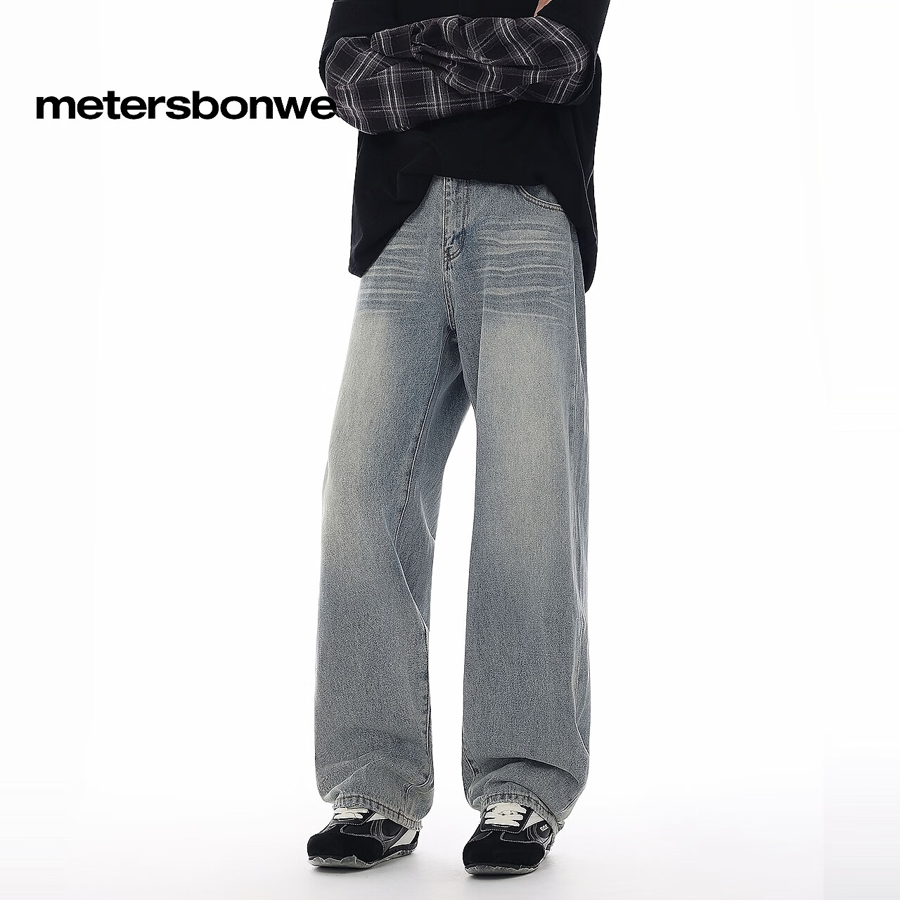 美特斯邦威牛仔裤男士新款休闲美式复古直筒宽松拖地长裤 牛仔中蓝 L 175/80A