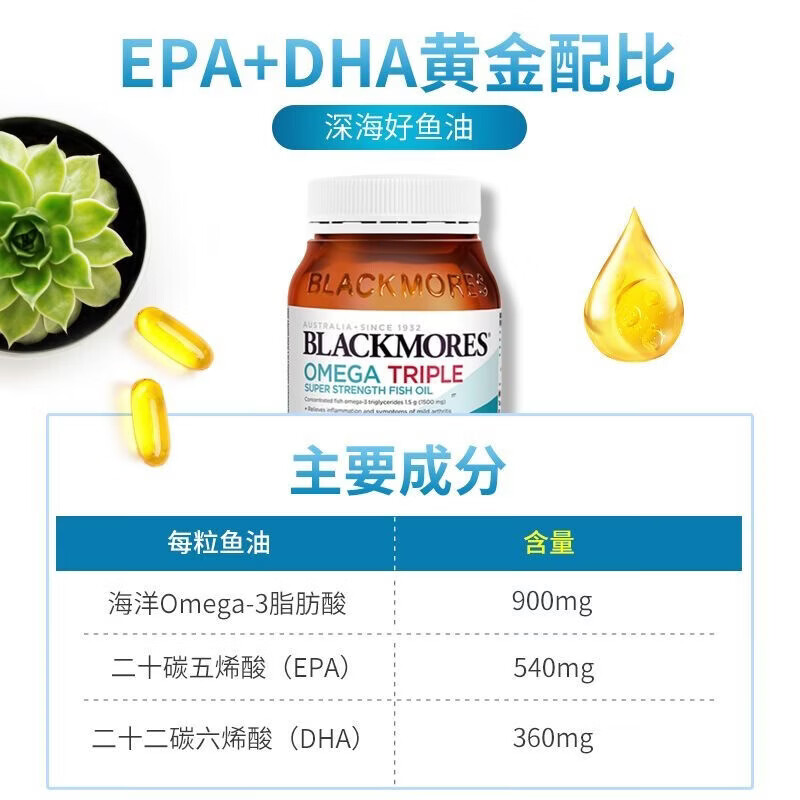 BLACKMORES三倍浓缩深海鱼油软胶囊护眼脑心脑血管 三倍鱼油 150粒*1瓶