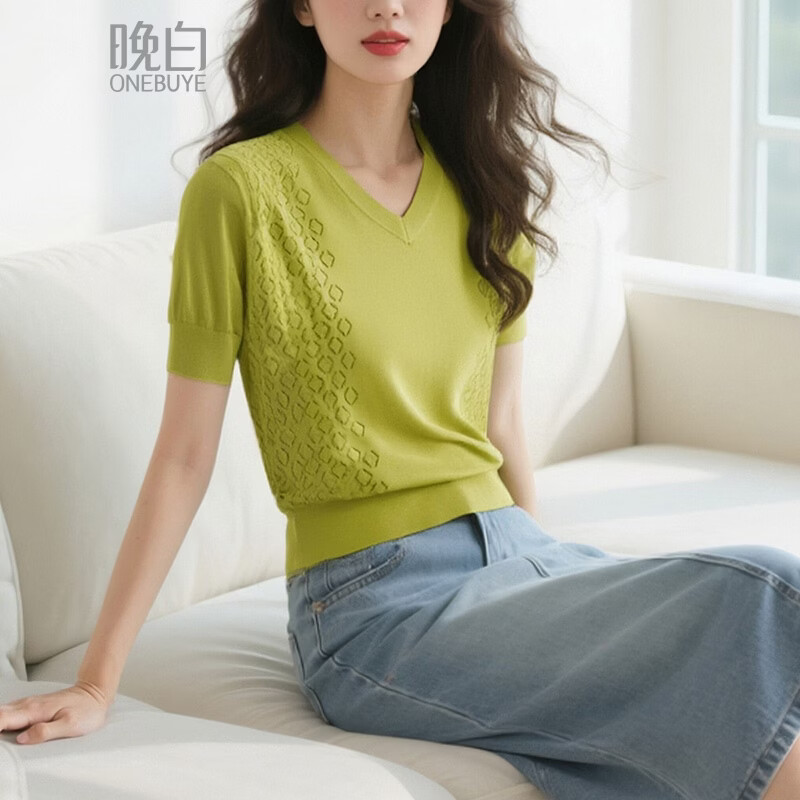 晚白2026年春夏款时尚V领镂空短袖上衣亲肤显白休闲冰丝短袖针织衫女 绿色 S