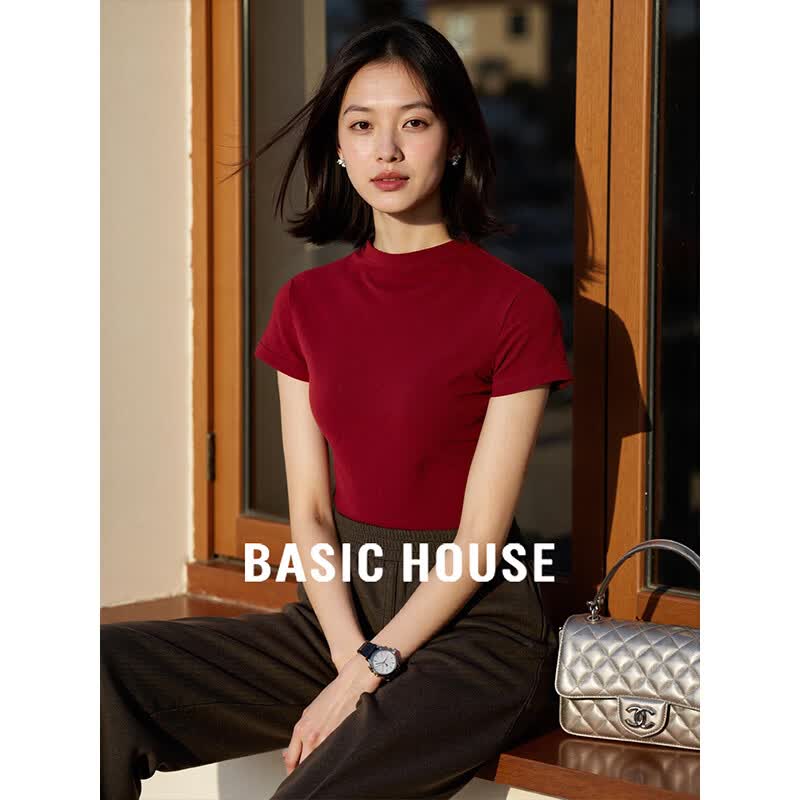 百家好（Basic House）百家好红色半高领含羊毛天丝T恤女2026夏季打底上衣 星空黑 L