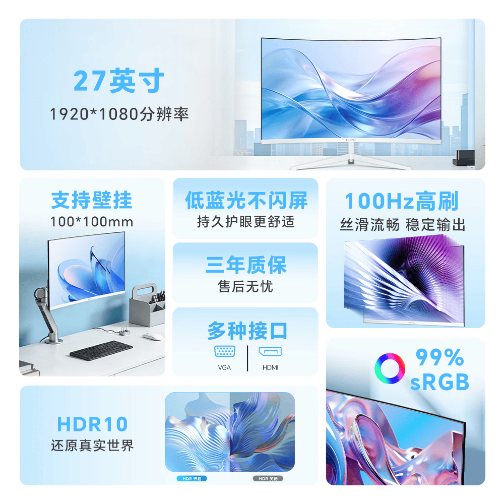 HPC曲面显示器 FHD高清 1080P 100hz 白色家用办公曲面显示屏 低蓝光护眼三面微边框可壁挂16:9屏幕 【曲面办公】27寸|100HZ|C27H51F