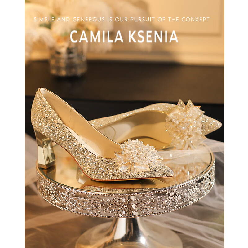 CAMILA KSENIA高跟鞋女士2026新款夏季休闲粗跟新娘不累脚婚鞋气质水晶鞋一脚蹬 浅金 38