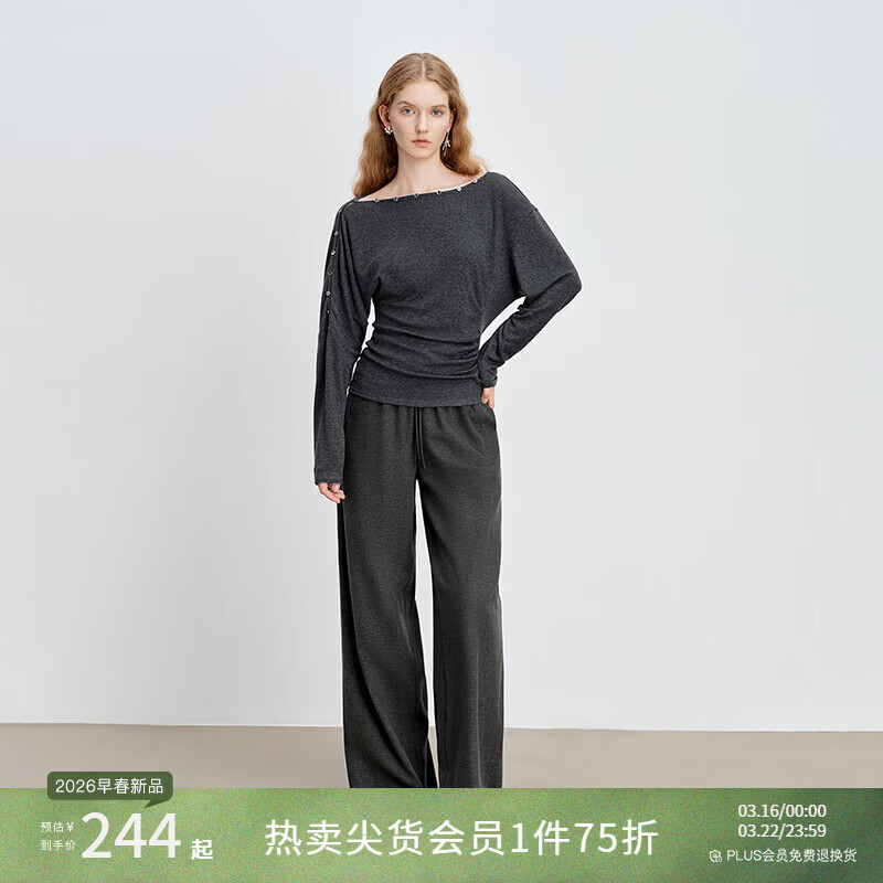 自巧小个子贝壳扣一字领修身T恤&肌理感直筒裤套装女2026春季新品 水貂灰休闲裤 L （尺码：5）