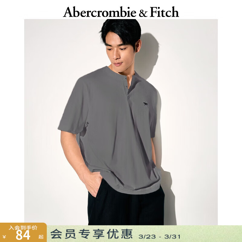 Abercrombie &amp; Fitch经典小麋鹿图案男装25夏季美式重磅宽松亨利领短袖T恤 深灰色 XL (180/116A)尺码偏大