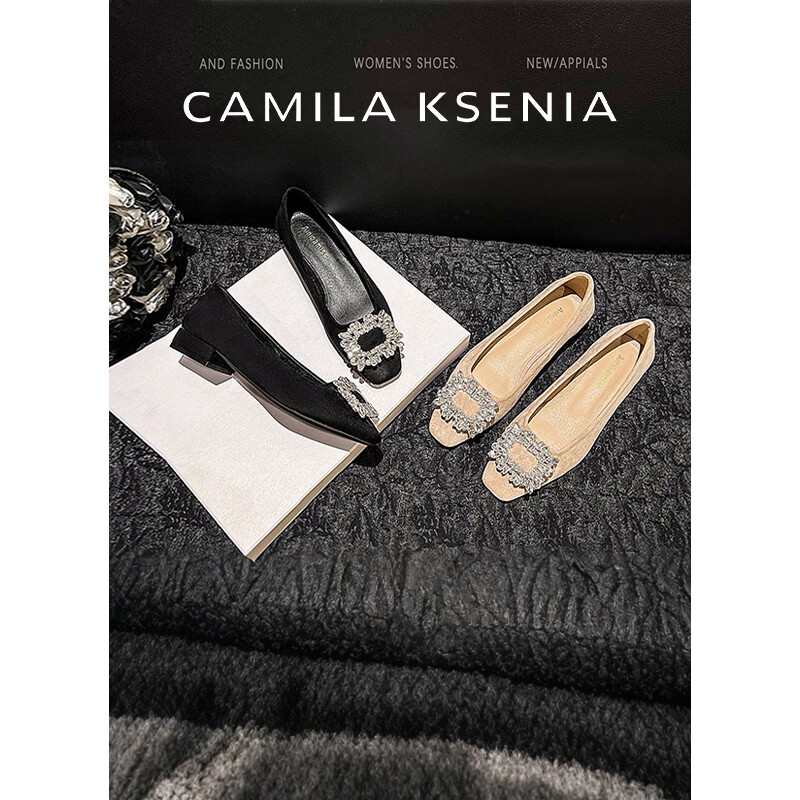 CAMILA KSENIA单鞋女士2026年新款夏季休闲百搭方头小香风平底水钻粗跟晚晚鞋子 奶茶色 37