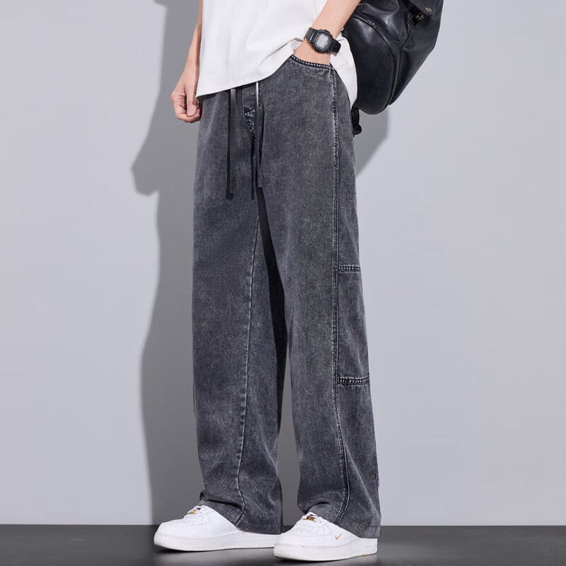 春夏季超薄工装牛仔裤美式潮牌阔腿百搭休闲裤直筒宽松垂顺裤sph 黑色 XL 建议135-155斤