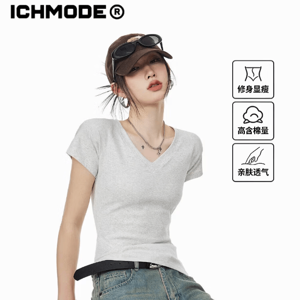ICH MODE美式修身V领正肩短袖T恤女夏季新款显瘦短款辣妹半袖上衣白花灰 L