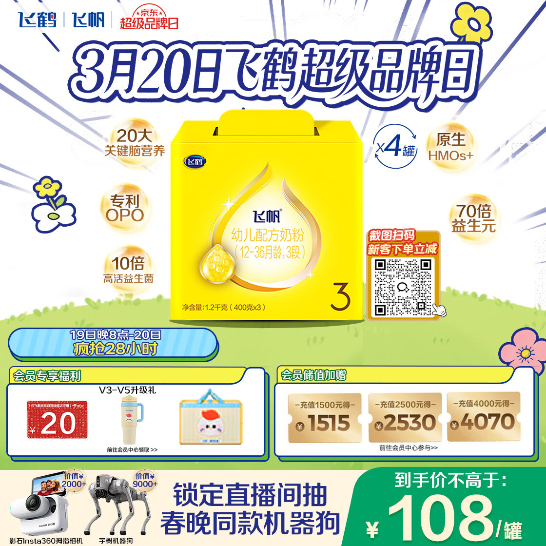 飞鹤飞帆DHA10倍益生菌专利OPO幼儿配方奶粉3段(12-36月龄)1200g*4盒
