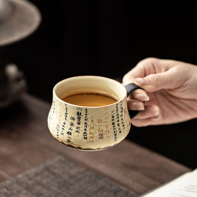 青花火石红福禄茶咖杯居家办公手绘诗文喝水杯个人专用茶水分离杯 福禄茶咖杯(简装) 101-200ml
