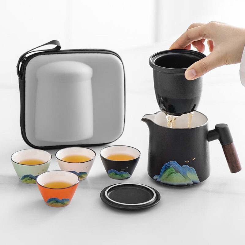 溥畔便携式旅行茶具套装德化陶制 一壶四杯户外露营功夫茶具 清韵一壶四杯[四色]山水之间带罐（黑色）+橙色方