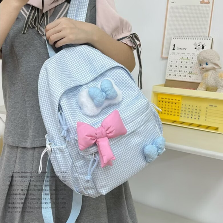 梵昇昱双肩包小清新格纹小学生书包初高中生可爱少女超轻减负出行背包 蓝色格纹双肩包【带蝴蝶结】小号