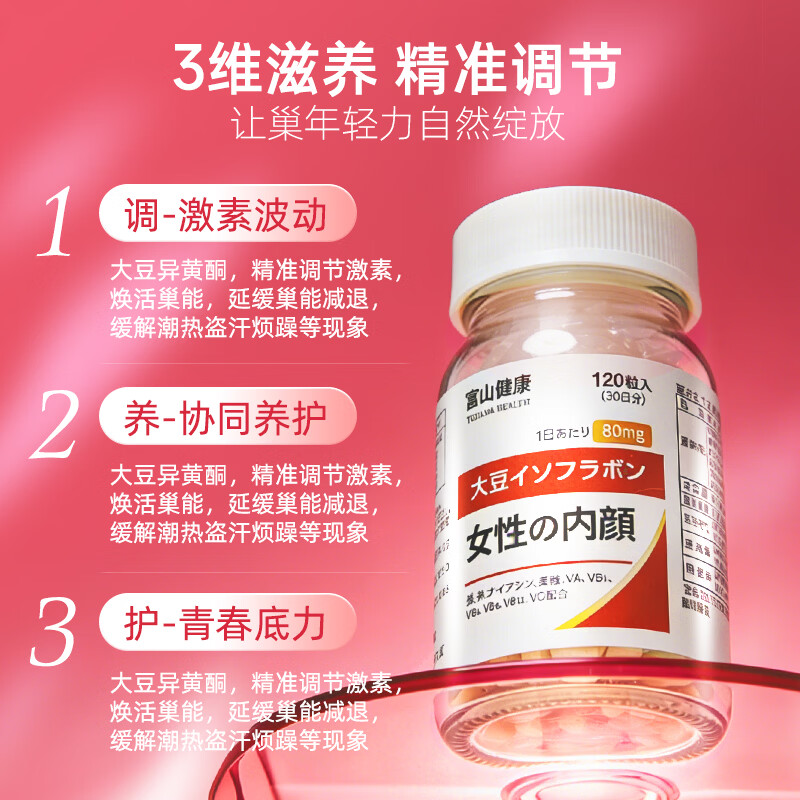 富山健康日本大豆异黄酮女神丸调理卵巢保养内分泌月经不调更年期女性进口 女性调理（3瓶划算） 120粒*1瓶 一瓶一个月量 大豆异黄酮