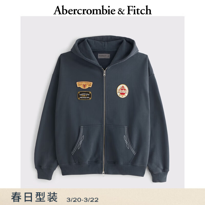 Abercrombie &amp; Fitch美式复古抓绒经典百搭连帽拉链开衫卫衣外套25秋冬男装122-5729 蓝色 S (175/92A)