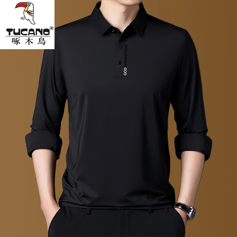 啄木鸟桑蚕丝长袖T恤男士夏季商务休闲时尚翻领体恤衫真丝中青年Polo衫 cy2297黑色 S 165/84A建议95-115斤