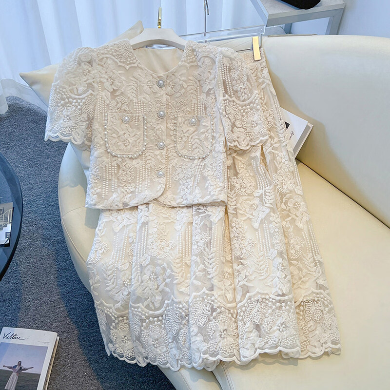 MODX国风高端小香风洋装2026新款女夏法式蕾丝钩花小礼服显瘦两件套 杏色两件套 S