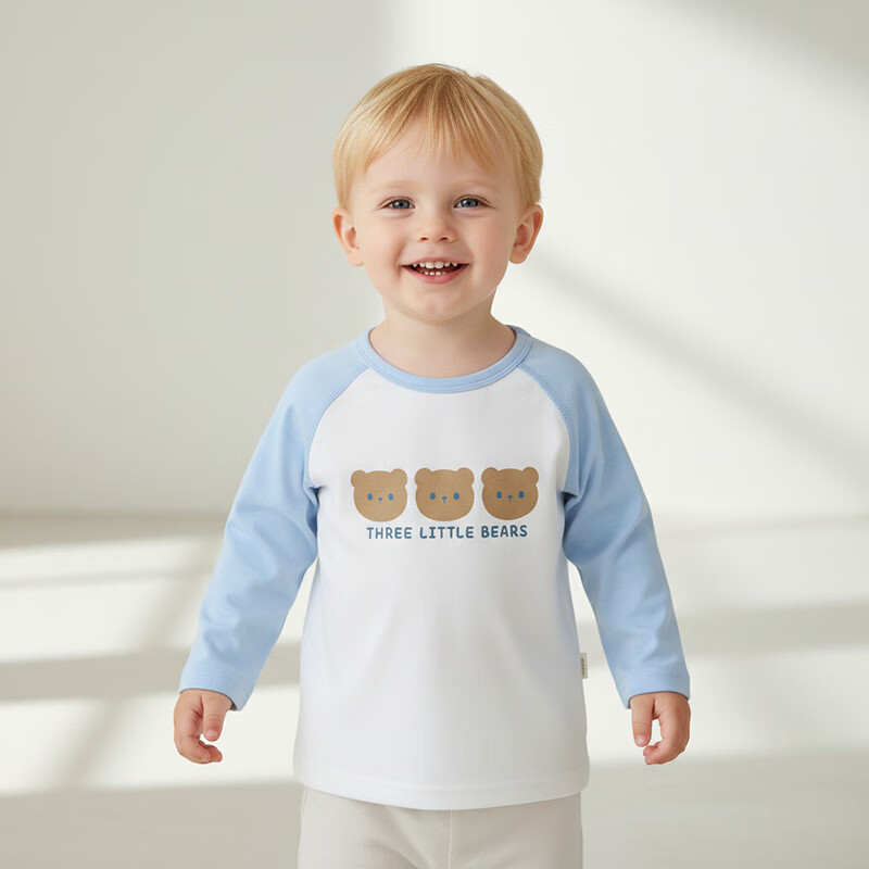 小猪大卫 PECODAVID小猪大卫宝宝圆领长袖T恤打底衫纯棉单春秋上衣裤子1-3岁 浅蓝袖小熊 90