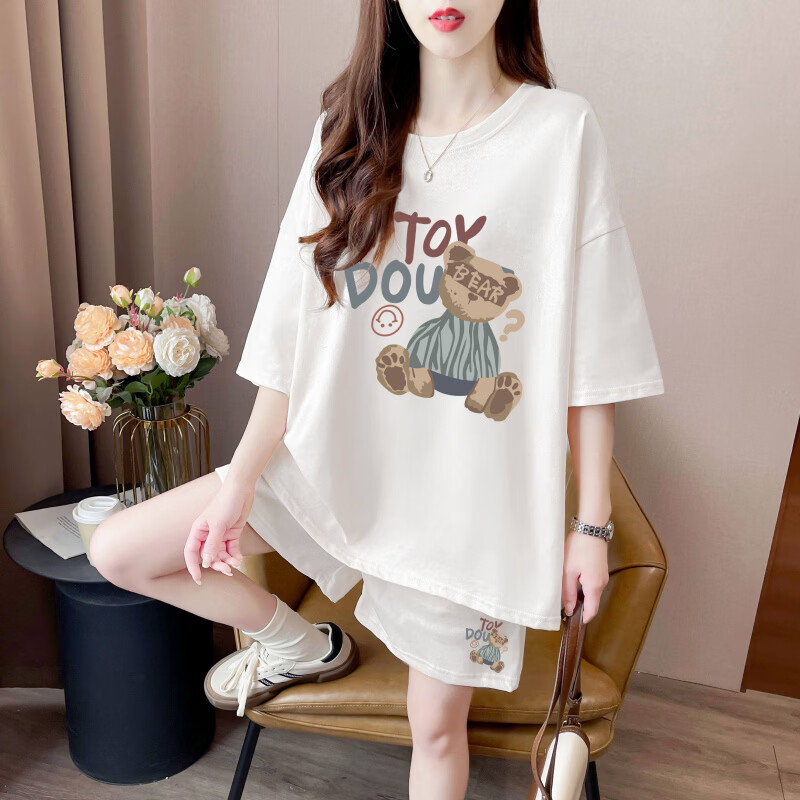 MODX夏季白色小熊棉短袖短裤套装女2026新款宽松韩系休闲运动两件套 白色 XL 建议130-150斤
