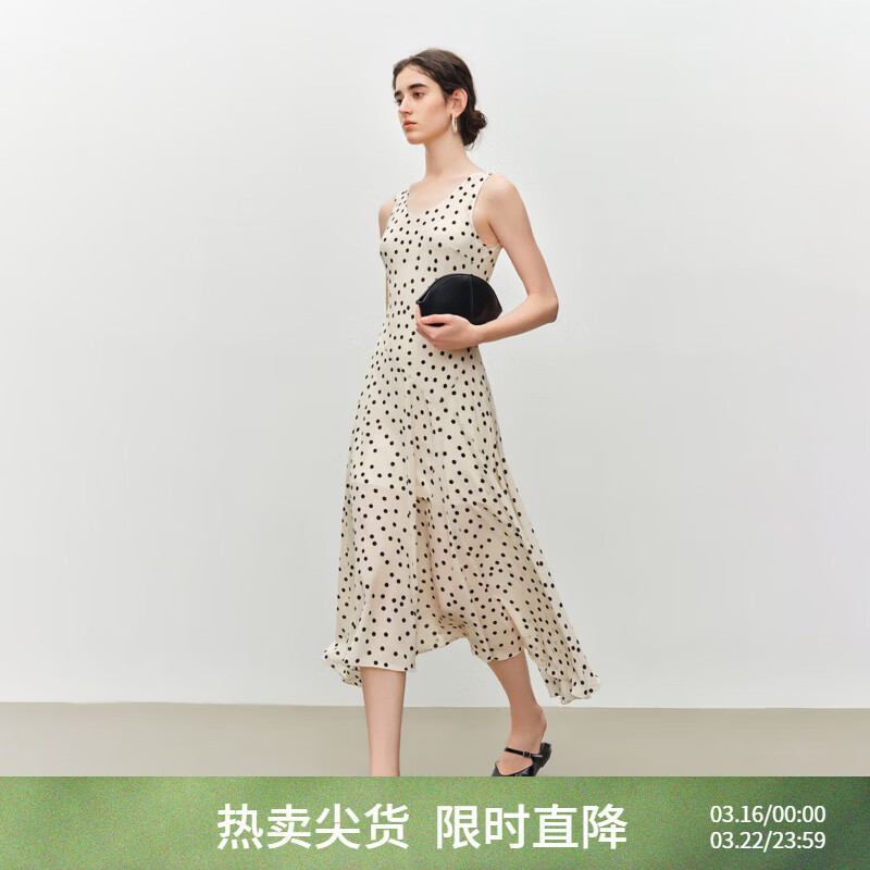 自巧小个子斜裁复古波点雪纺吊带连衣裙女2026夏季新款U领背心裙 白底黑点 XXS （尺码：1）