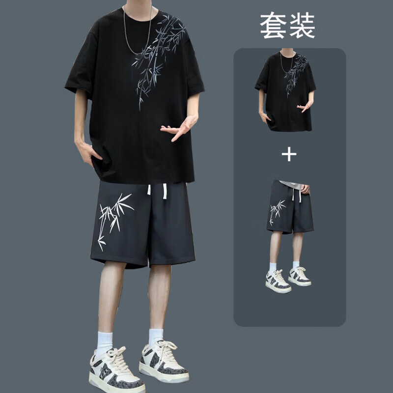 梵姿缇新中式印花短袖t恤男士休闲套装新款潮流一套痞帅气搭配衣服 【2件套】黑色+休闲短裤黑 S