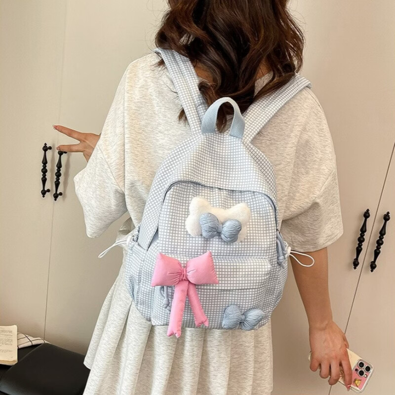 梵昇昱双肩包小清新格纹小学生书包初高中生可爱少女超轻减负出行背包 蓝色格纹双肩包【带蝴蝶结】小号