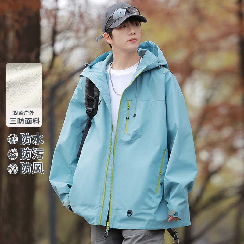 JEEP SPIRIT吉普户外登山冲锋衣男女同款美式新款休闲宽松防水防风外套 黑色【单衣】 XL (建议体重145-165斤)