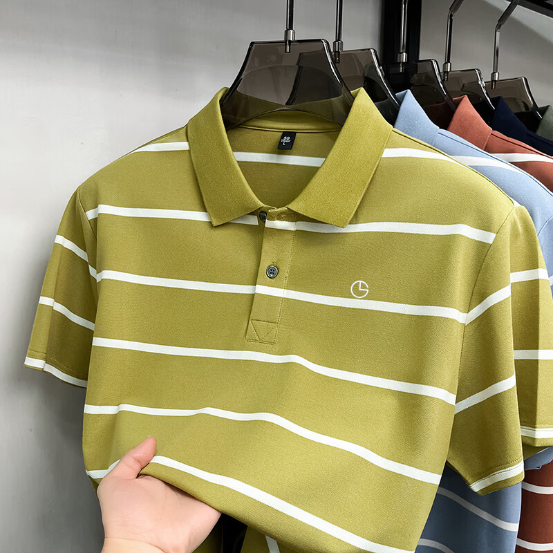 GOLDLION G+金利来2026夏季新款短袖条纹polo衫男翻领半袖商务休闲体恤男装 柠黄 2XL 推荐150-170斤