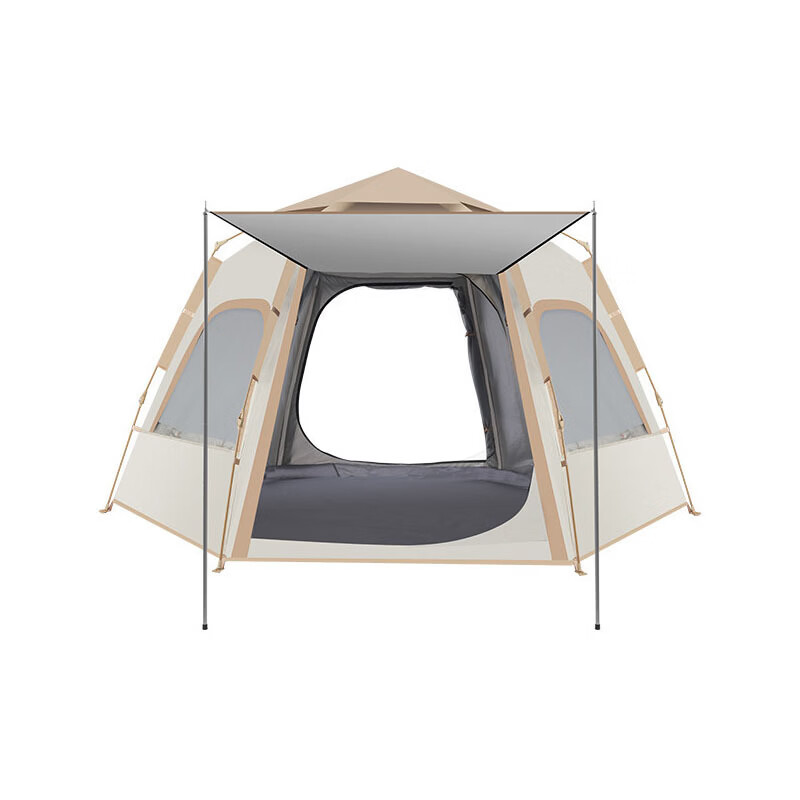 荒野七侠六角全自动速开帐篷户外露营防晒防雨3-4人家庭便携大空间 双面双窗-杏米白+野餐垫+充气睡垫（分开发货）