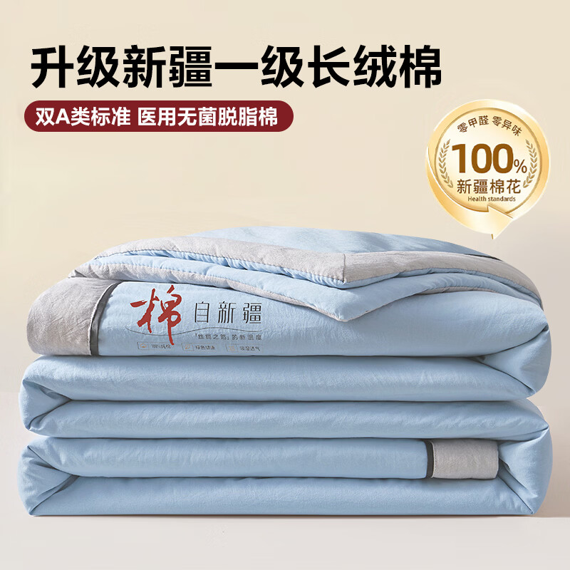 无印良品纯棉花夏凉被夏季空调被可机洗裸睡夏被宿舍单人薄被子被芯四件套 棉朵-蓝色【100%新疆棉花】 220cm*240cm 单夏被