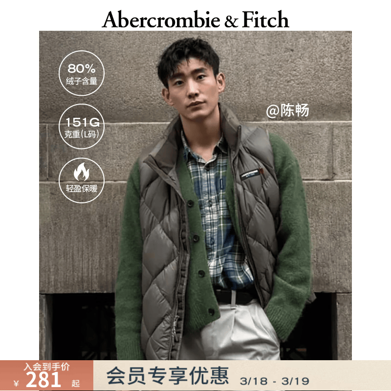 Abercrombie & Fitch美式舒适百搭菱格LOGO拉链羽绒背心马甲上衣25秋冬男装132-5208 深棕色 M (180/100A)