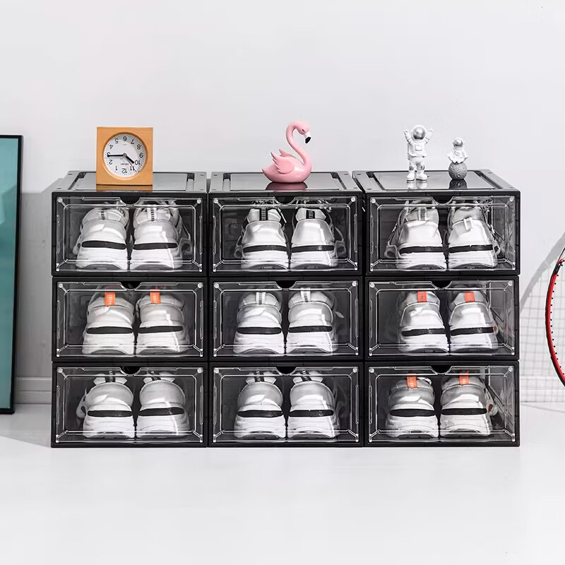 鞋盒鞋子收纳盒透明收纳鞋盒加厚磁吸省空间简易硬塑料宿舍 正开门高款磁吸46码高帮鞋透明黑六个装