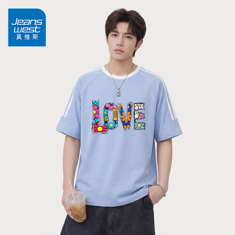 真维斯（Jeanswest）潮牌字母印花条杠短袖男士T恤夏季街头风宽松圆领体恤情侣款上衣 天蓝 爱情花卉黑 S