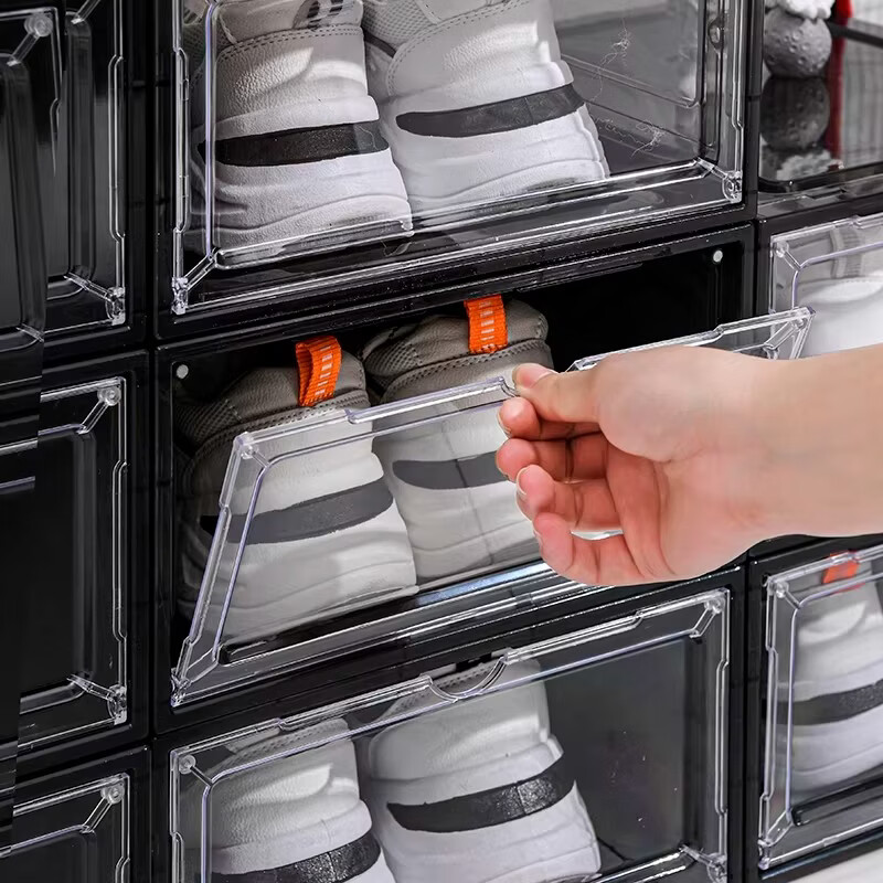 鞋盒鞋子收纳盒透明收纳鞋盒加厚磁吸省空间简易硬塑料宿舍 正开门高款磁吸46码高帮鞋透明黑六个装