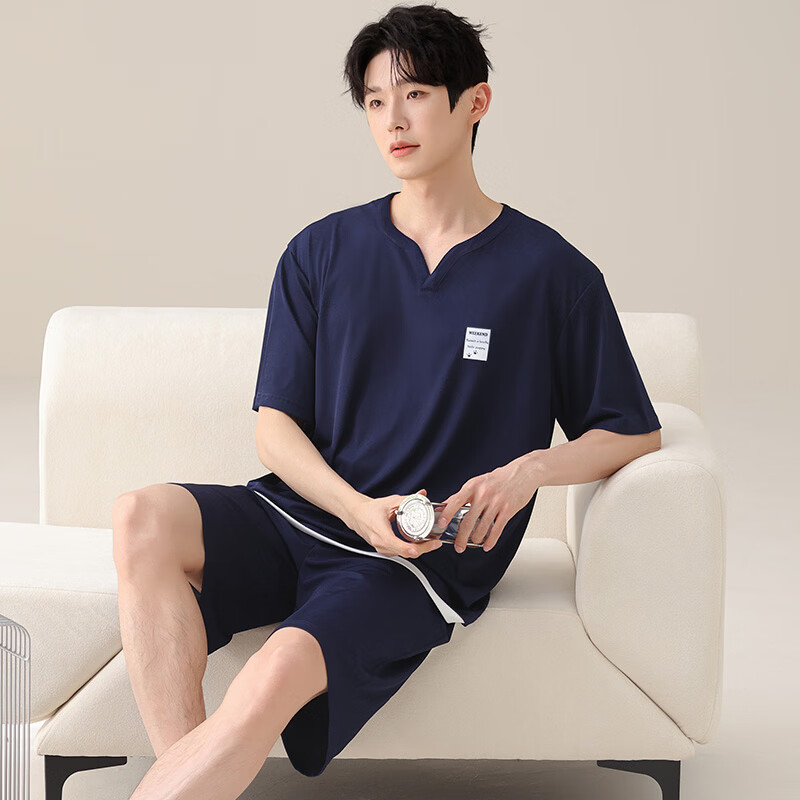 都市丽人男士睡衣夏季薄款冰丝短袖短裤凉感透气男生可外穿家居服套装 凉感男士短袖短裤-藏青色 L （建议105-135斤）