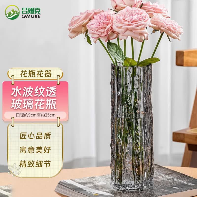吕姆克花瓶玻璃富贵竹玫瑰鲜花插花瓶轻奢餐桌面装饰摆件烟灰高25cm8401