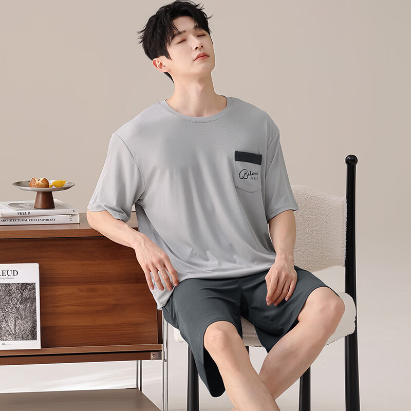 都市丽人睡衣男士冰丝凉感夏季薄款休闲大码圆领短袖短裤家居服套装可外穿 男士短袖短裤套装-浅灰色 L （建议105-135斤） （建议135-155斤） 