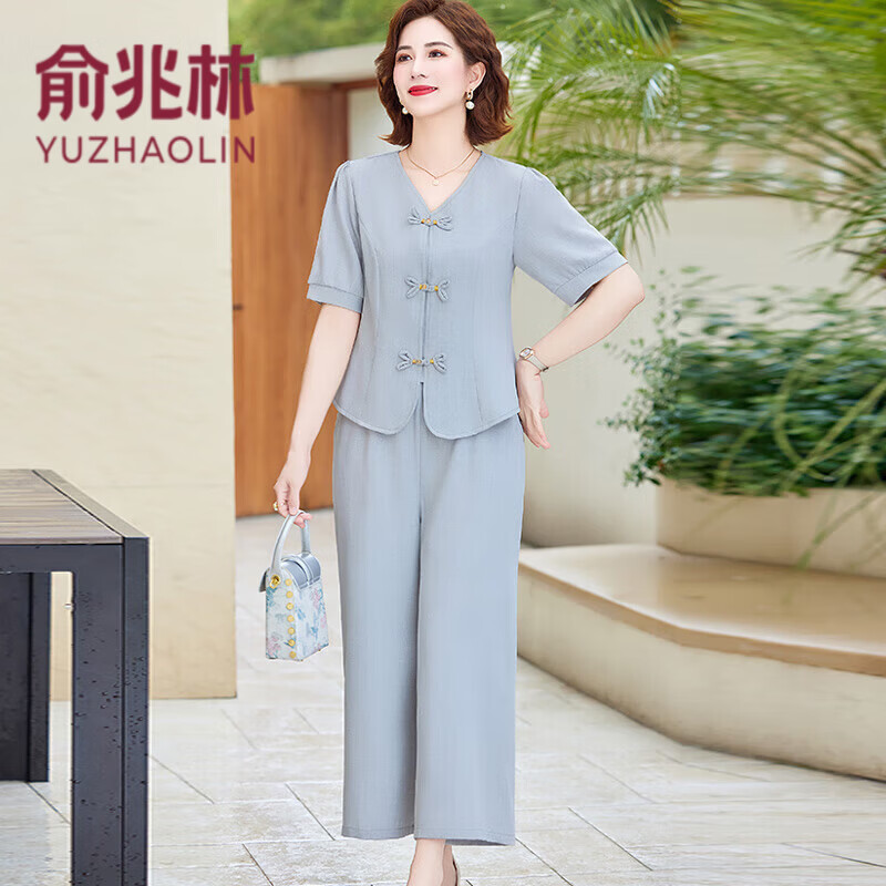 俞兆林（YUZHAOLIN）妈妈夏装新中式国风套装2025新款中年女装短袖时尚老人年人衣服 2511蓝色套装 XL [建议90-110斤]