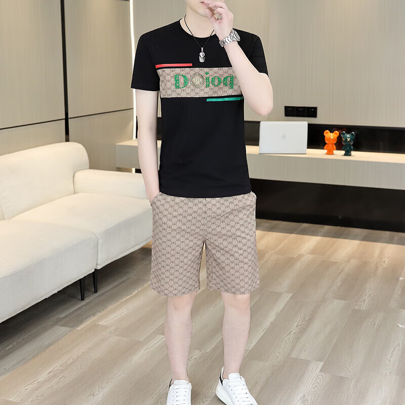 梵姿缇欧货男士t恤短袖短裤休闲套装夏季潮牌2024新款男装一套搭配个性  WE23659黑色套装 M