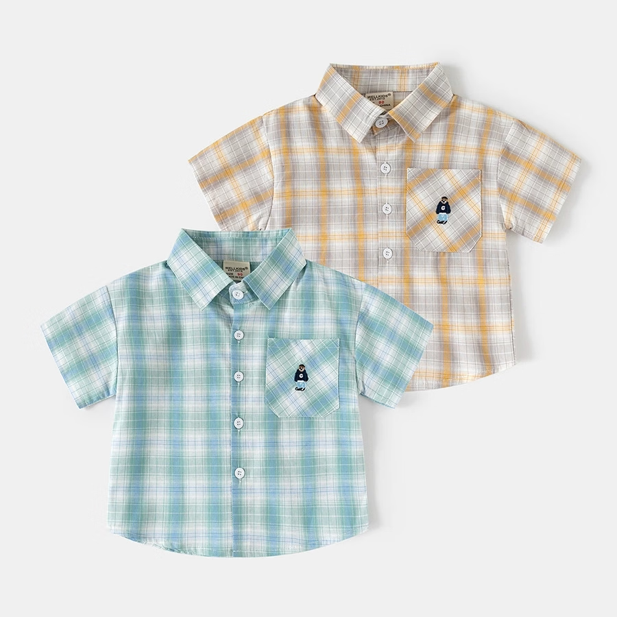 男童短袖衬衫2026夏装儿童半袖衬衣宝宝格子卡通刺绣上 黄格 90 cm