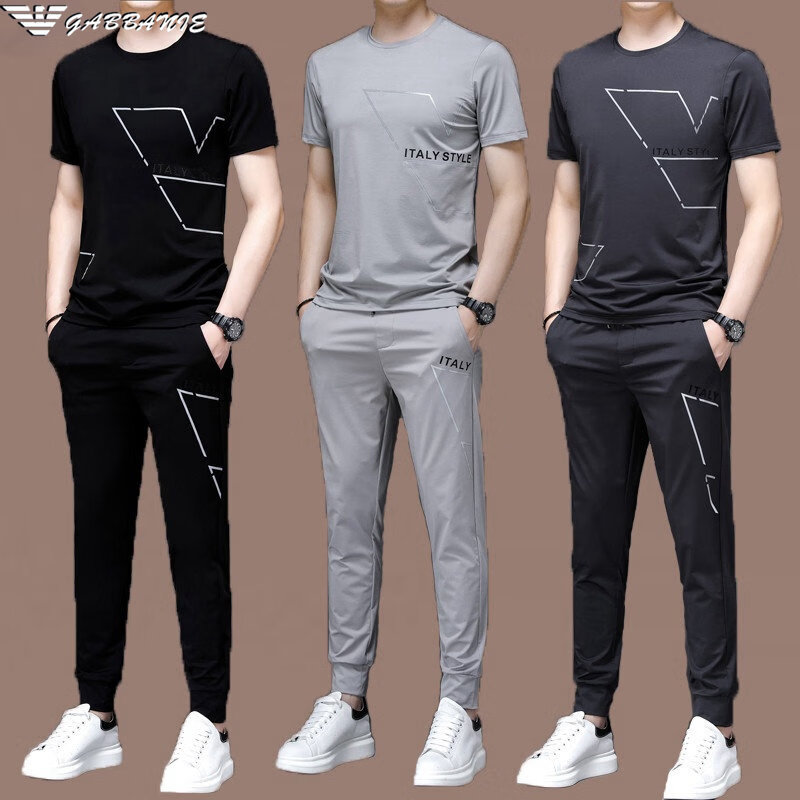 GABBANIE意大利正品新款运动服套装男士桑蚕丝短袖休闲夏装潮流高端 一线品牌QDY9363黑色-短袖+长裤_两件套 L 170_【建议120-135斤】