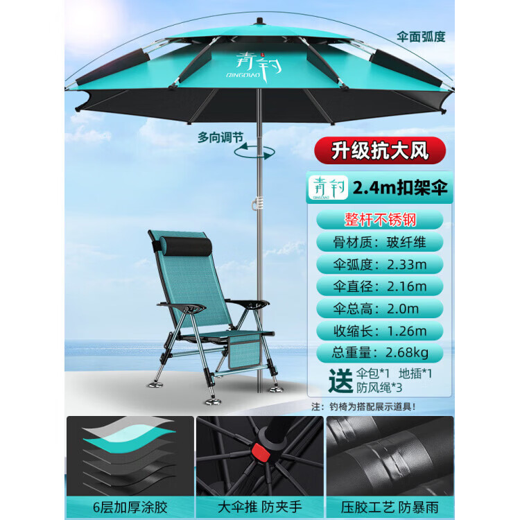渔之源（Yuzhiyuan）2026新款钓鱼伞大钓伞不锈钢防暴雨抗大风户外垂钓遮阳伞 2.4米 【整杆不锈钢抗大风】防暴雨黑胶天青