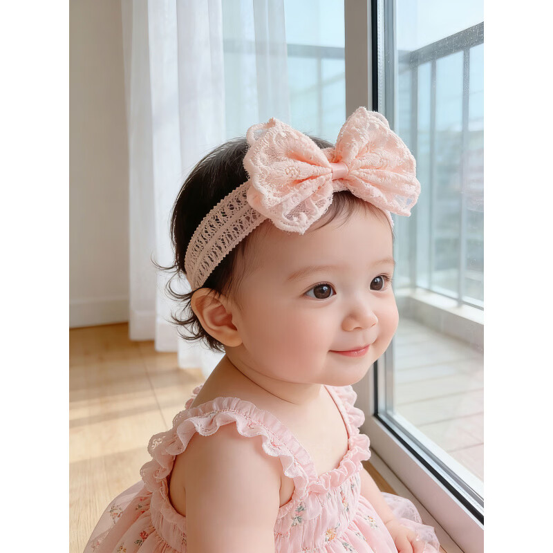 轩玖婴儿蝴蝶结发带可爱蕾丝女宝宝拍照头饰婴幼儿百天周岁 粉色(头围38-46CM)