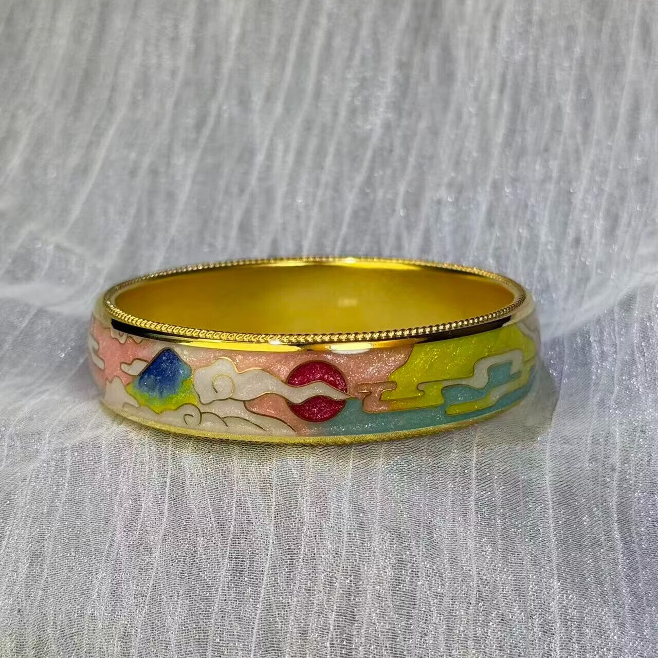 钻之银足银拍平珐琅彩手镯 黄色 60圈口约60克