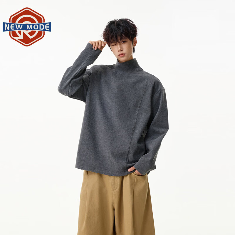 NEW OR MODE灰色高领德绒长袖t恤男女春季美式复古休闲内搭T恤宽松运动打底衫 灰色【高品质】 M 【建议90-110斤】