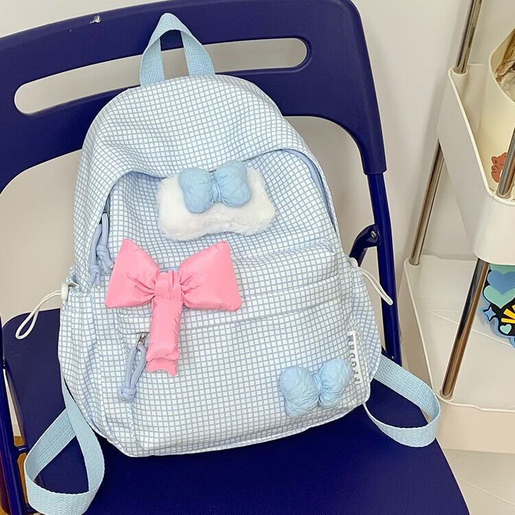 梵昇昱双肩包小清新格纹小学生书包初高中生可爱少女超轻减负出行背包 蓝色格纹双肩包【带蝴蝶结】小号