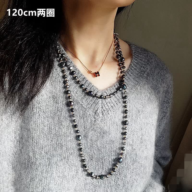 七首饰黑珍珠项链长款多层160cm天然淡水异形毛衣链黑色复古轻奢时尚 120cm、珍珠4-8mm
