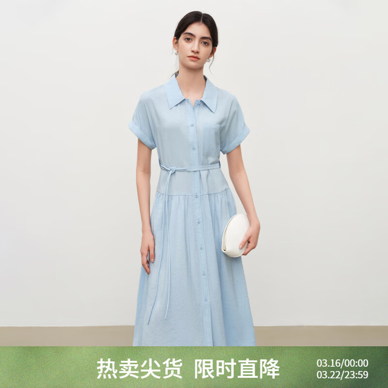 自巧小个子法式连肩袖莫代尔翻领衬衫裙系带连衣裙2026夏季新品女 baby蓝 S （尺码：3）