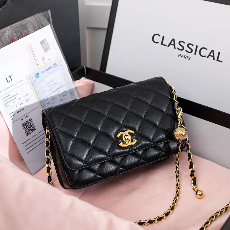 香奈小香儿包包女士新款真皮小金球单肩小方包小香儿时尚链条斜挎包 黑色