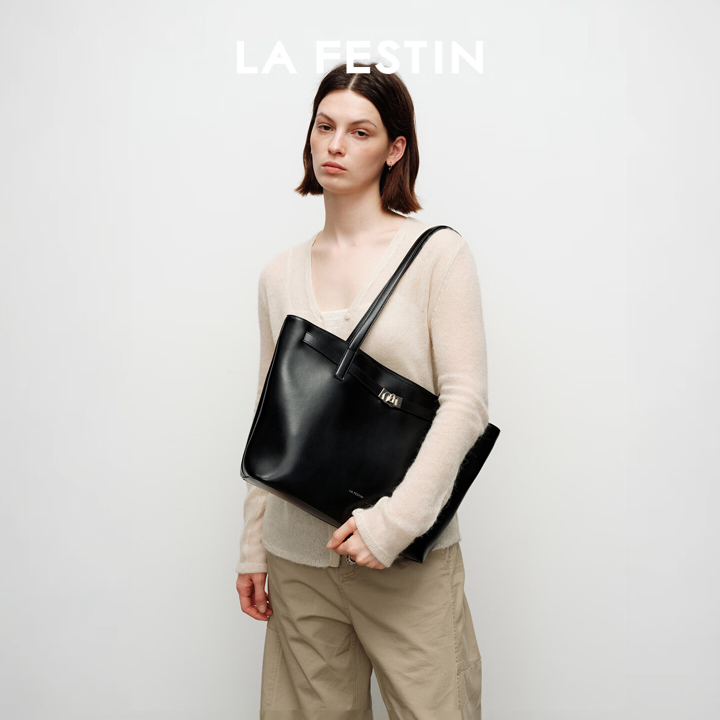 拉菲斯汀(La Festin)抱抱TOTE包女包2026新款包包通勤腋下手提包大容量托特包七夕礼物 慕斯黑-大号 | 可装14寸笔记本电脑 | 赠送肩托