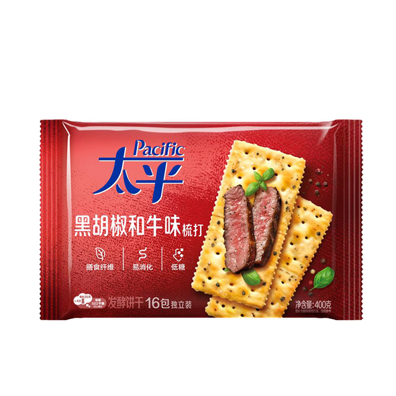 太平苏打饼干 黑胡椒和牛味400g低糖易消化含膳食纤维 零食早餐下午茶